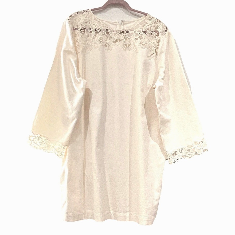Cream Cotton Lace Crochet Shift Dress 3/4 Sleeve Pockets RN140923